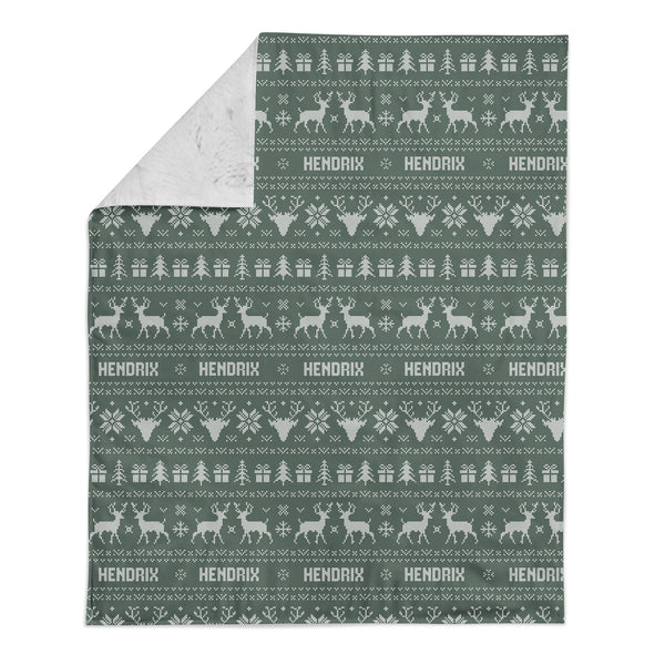 Personalized Name Minky Blanket -  Green Holiday Sweater